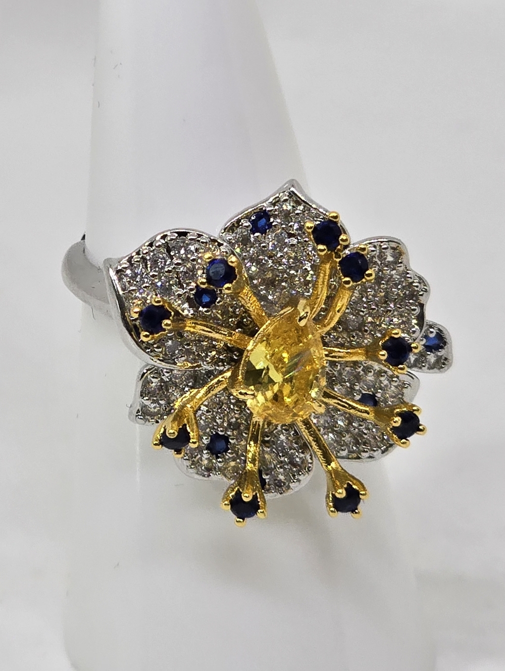 Yellow & Blue Floral Crystal Silver Tone Ring